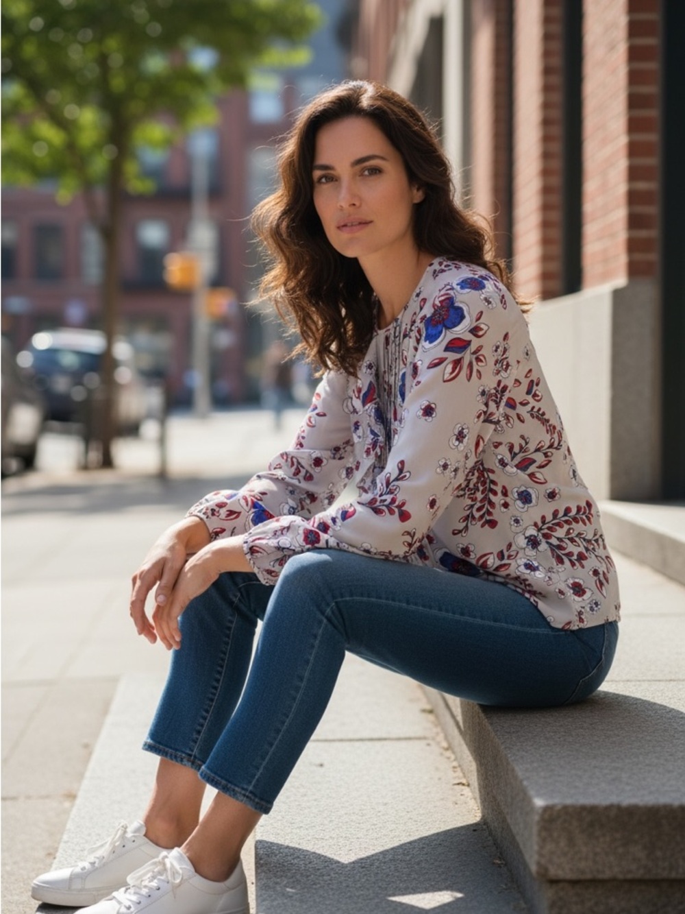 Banana Republic Cream Floral Ruffle iTie-Neck Blouse with‎ Purple & Red Accents